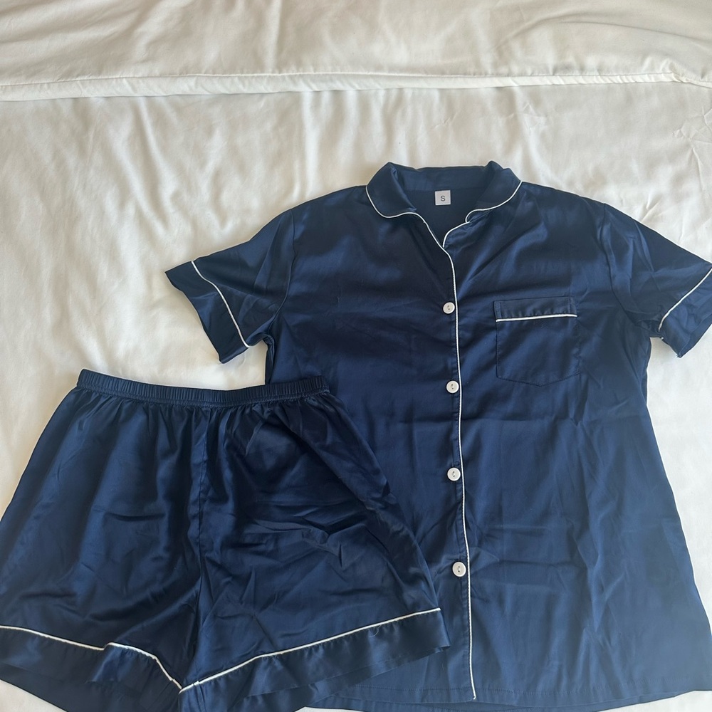 Navy Blue Satin Pajama Set